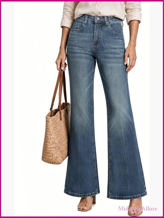 Denim - High Waisted Bell Bottom Jeans Wide Leg Flare Bootcut Denim Pants w/Tummy